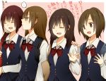  ... 4girls bad_id black_hair bow brown_eyes brown_hair closed_eyes hand_on_shoulder long_hair long_sleeves multiple_girls open_mouth original pink_background redhead sao_(0060) school_uniform scrunchie short_hair simple_background speech_bubble spoken_ellipsis translation_request 