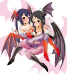  2girls akiyama_mio bat_print bat_wings black_hair blue_hair boots breasts brown_eyes capcom cleavage cosplay demon_girl hand_on_shoulder high_heels k-on! lilith_aensland lilith_aensland_(cosplay) long_hair morrigan_aensland morrigan_aensland_(cosplay) multiple_girls nakano_azusa open_mouth pantyhose print_legwear shoes shuryoudan_bunny-bu skin_tight smile succubus vampire_(game) wings 