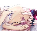  1girl artist_name bangs bed_sheet blush breasts camisole cleavage collarbone dark_jeanne dark_persona eyes_visible_through_hair fingernails granblue_fantasy hair_between_eyes hair_ornament jeanne_d&#039;arc_(granblue_fantasy) long_fingernails long_hair lying medium_breasts on_side open_mouth orange_eyes simple_background smile solo strap_slip white_background white_hair yamikyon 