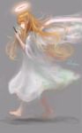 1girl absurdres angel arise_(allicenogalca) artist_name bangs barefoot blonde_hair blunt_bangs cellphone closed_eyes closed_mouth commentary_request dress from_side full_body grey_background halo highres holding holding_phone long_hair original phone profile signature simple_background sketch smartphone smile solo very_long_hair walking white_dress white_wings wings 