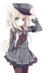  1girl adjusting_clothes adjusting_hat animal_ears arm_behind_back arm_up belt black_bow black_legwear blonde_hair blue_eyes blush bow character_request commentary_request copyright_request dog_ears dog_tail hair_bow hat highres hoshi_(snacherubi) long_sleeves looking_at_viewer low_twintails military military_hat military_uniform simple_background tail twintails uniform white_background 