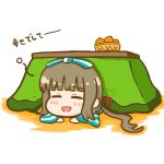  1girl bangs blunt_bangs brown_hair closed_eyes commentary_request eyebrows eyebrows_visible_through_hair food fruit highres idolmaster idolmaster_cinderella_girls japanese_clothes kotatsu long_hair lying mandarin_orange medaka_(0727) on_stomach open_mouth ribbon solo striped striped_ribbon table under_kotatsu under_table yorita_yoshino 