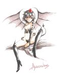  1girl alternate_costume alternate_wings bat_wings black_hair breasts cleavage dark_persona demon_girl demon_tail female harusame_(unmei_no_ikasumi) hat heart heart_maebari high_heels looking_at_viewer maebari navel red_eyes shameimaru_aya shoes short_hair simple_background sitting small_breasts smile smirk solo spread_legs succubus tail tokin_hat touhou white_background wings 