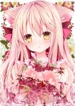  1girl :o animal_ears berries blush bouquet carnation daisy dog_ears floral_background flower hair_ribbon head_tilt long_hair looking_at_viewer nanase_nao original pink pink_hair ribbon solo twitter_username upper_body yellow_eyes 