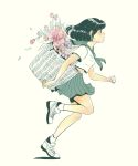  1girl bag black_eyes black_hair clenched_hand flower from_side full_body highres jisoo_kim miniskirt original petals pleated_skirt running school_uniform serafuku shirt_pocket skirt socks solo 