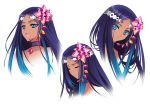  1girl blue_eyes blue_hair carnelian closed_eyes collar concept_art dark_skin hair_ornament headset jewelry lips long_hair looking_at_viewer merli_(vocaloid) multicolored_hair open_mouth purple_hair simple_background vocaloid white_background 