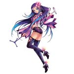  1girl blue_eyes blue_hair boots carnelian full_body hair_ornament headset highres lips long_hair looking_at_viewer looking_back merli_(vocaloid) microphone microphone_stand midriff multicolored_hair purple_hair shorts simple_background thigh-highs thigh_boots vocaloid white_background wide_sleeves 