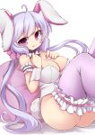  1girl ahoge animal_ears armband ass bare_shoulders blush bow bowtie breasts bunny_girl bunny_tail bunnysuit cleavage detached_collar frilled_legwear hair_ornament hair_scrunchie hands_on_own_chest highres large_breasts lavender_hair long_hair looking_at_viewer open_mouth pillow rabbit_ears ringed_eyes scrunchie senki_zesshou_symphogear simple_background sitting solo tail tatuyayosi thigh-highs twintails violet_eyes white_background wrist_cuffs yukine_chris 
