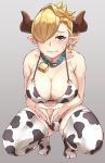  1girl bare_arms bare_shoulders bell bell_collar bikini blonde_hair blush breasts cleavage collar cow_bell cow_print doraf ear_blush ear_tag full_body granblue_fantasy grey_background hair_over_one_eye halter_top halterneck horns laguna_(granblue_fantasy) large_breasts looking_at_viewer michihasu no_shoes number o-ring_bikini one_eye_covered own_hands_together pointy_ears print_bikini print_legwear short_hair simple_background solo squatting sweat swimsuit thigh-highs 