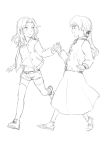  2girls alternate_costume bomber_jacket darjeeling denim denim_shorts girls_und_panzer hand_holding jacket kay_(girls_und_panzer) long_hair midriff monochrome multiple_girls navel short_hair shorts sketch soramame_(corndog) thigh-highs white_background yuri 