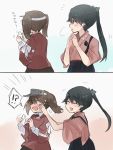  !? 2girls annin_musou black_hair brown_eyes brown_hair closed_eyes comic commentary_request fang floral_print grey_eyes hair_ribbon hakama hand_on_another&#039;s_cheek hand_on_another&#039;s_face hands_together highres houshou_(kantai_collection) ile japanese_clothes kantai_collection kariginu kimono long_hair long_sleeves multiple_girls open_mouth ponytail ribbon ryuujou_(kantai_collection) shikigami smile spoken_interrobang surprised tears translation_request twintails visor_cap white_background wide_sleeves 