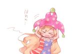  &gt;_&lt; 1girl american_flag_dress blonde_hair blush closed_eyes clownpiece dress hands_on_own_head hat jester_cap long_hair nakukoroni open_mouth sketch sleeveless sleeveless_dress solo touhou translation_request 