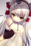  1girl amatsukaze_(kantai_collection) bare_shoulders breasts choker clenched_hands clothes_pull collarbone from_above frown hair_tubes kantai_collection long_hair looking_at_viewer meaomao shiny shiny_skin silver_hair sketch small_breasts two_side_up yellow_eyes 