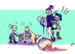  1girl 3boys :p angry apron artist_name beauty_(zoza) blue_eyes blue_hair boots brown_eyes butler cookie_(zoza) domino_mask donut_(zoza) dress dress_grab flower flying_sweatdrops fume hat hat_flower inkbrush_(splatoon) inkling layered_clothing lollipop_(zoza) long_hair long_sleeves maid maid_headdress mask multiple_boys neckerchief octobrush_(splatoon) pants pointy_ears purple_hair quill sailor_collar scrunchie shirt shoes short_hair short_over_long_sleeves signature single_vertical_stripe splatoon standing sweatdrop t-shirt tentacle_hair tongue tongue_out zoza 