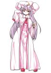  1girl adjusting_hair capelet clenched_hand crescent crescent_hair_ornament double_bun dress hair_ornament hat hiro_(h-net) large_hat long_dress long_hair looking_at_viewer mob_cap nightgown patchouli_knowledge purple_hair red_eyes shoes solo striped striped_dress touhou very_long_hair 