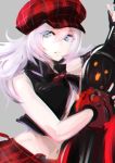  1girl alisa_ilinichina_amiella black_gloves blue_eyes breasts cabbie_hat elbow_gloves fingerless_gloves gloves god_eater god_eater_burst hat large_breasts long_hair looking_at_viewer midriff navel silver_hair solo suspenders torayama_(mps2nd) under_boob 