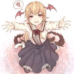  1girl bangs black_legwear black_skirt blonde_hair blush boots collarbone collared_shirt daisu demon_tail eyebrows eyebrows_visible_through_hair fangs flower frilled_shirt_collar frilled_skirt frills granblue_fantasy hair_between_eyes head_wings long_hair long_sleeves looking_at_viewer multiple_tails open_mouth outstretched_arms pantyhose pink_eyes pointy_ears red_rose red_wings rose shingeki_no_bahamut shirt simple_background sitting skirt solo speech_bubble spoken_squiggle squiggle tail tears vampire vampy wariza white_background white_boots wings 