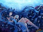  1girl bare_arms bare_legs bare_shoulders barefoot blue_dress blue_eyes blue_hair blue_ribbon breasts bubble dress fish hair_ribbon hatsune_miku layered_dress long_hair looking_at_viewer ribbon shinkai_shoujo_(vocaloid) sitting small_breasts smile solo twintails underwater very_long_hair vocaloid white_crow 