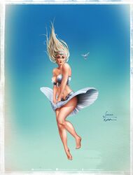  1girl :o barefoot bikini_skirt bird blonde_hair blue_eyes character_name floating floating_hair highres janna_windforce krystopher_decker league_of_legends lipstick long_hair makeup midriff navel pointy_ears red_lipstick signature solo strapless strapless_bikini watermark web_address wind wind_lift 