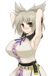  1girl armpits arms_up belt blush breasts brown_eyes brown_hair earmuffs embarrassed female headphones huge_breasts large_breasts oro_(zetsubou_girl) sideboob simple_background solo touhou toyosatomimi_no_miko 