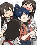  2girls :&gt; akagi_(kantai_collection) black_hair blush_stickers bowl closed_eyes cooking houshou_(kantai_collection) japanese_clothes kantai_collection ladle long_hair mizuno_(okn66) multiple_girls muneate open_mouth ponytail pot sidelocks 