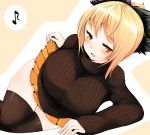  1girl alternate_costume black_legwear blonde_hair blush breasts casual curvy female hair_ribbon han_(jackpot) huge_breasts kurodani_yamame large_breasts looking_at_viewer musical_note naughty_face pleated_skirt ponytail ribbon short_hair simple_background skirt skirt_lift solo sweater thick_thighs thigh-highs thighs touhou yellow_eyes 