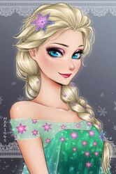  1girl artist_name bangs blonde_hair blue_eyes braid coll collarbone elsa_(frozen) eyelashes flower frozen_(disney) hair_flower hair_ornament hairclip highres lipstick makeup mari945 messy_hair ooking_at_viewer portrait red_lips sidelocks smile solo sparkle upper_body 