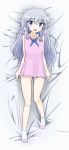  1girl absurdres anitore!_ex bed blue_hair character_request dakimakura dress highres legs long_hair lying on_back open_mouth pink_dress short_dress shorts shorts_under_dress sleeveless sleeveless_dress smile socks solo violet_eyes 