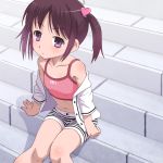  1girl brown_hair child female flat_chest meow_(nekodenki) midriff navel off_shoulder original short_hair shorts sitting smile solo sports_bra striped striped_shorts twintails violet_eyes 