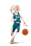  1girl alternate_costume bare_arms basketball basketball_uniform blonde_hair dribbling girls_und_panzer green_eyes kay_(girls_und_panzer) looking_to_the_side midriff motion_lines navel ponytail shoes sketch smile sneakers solo soramame_(corndog) sportswear white_background wristband 