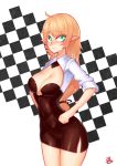  1girl 3gs blonde_hair breasts checkered checkered_background elsword green_eyes highres long_hair pointy_ears rena_(elsword) signature sweatdrop 
