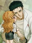  1boy 1girl blonde_hair blush glasses green_eyes green_hair kikan_(kima) kiryuu_moeka labcoat long_hair okabe_rintarou orange_eyes pen pencil_skirt skirt steins;gate 