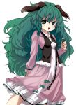  1girl alternate_hairstyle ameyu_(rapon) animal_ears bangs big_hair blush dog_ears dress fur_trim green_eyes green_hair hair_twirling highres kasodani_kyouko long_hair long_sleeves looking_at_viewer open_mouth pink_dress pom_pom_(clothes) simple_background solo touhou vest wavy_hair white_background 