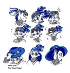  /\/\/\ 1boy anger_vein blue_eyes blue_hair character_name character_sheet domino_mask doughnut expressions fangs flower flying_sweatdrops food goggles goggles_on_head hair_slicked_back hand_on_headwear hat hat_flower highres inkling male_focus mask mouth_hold open_mouth partially_colored plant pointy_ears portrait scrunchie short_hair smile splatoon sweatdrop tentacle_hair topknot white_background zoza 