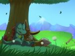  blue_sky closed_eyes commentary creature dandelion day eevee english_commentary flower gen_1_pokemon gen_2_pokemon grass highres mountain nature no_humans outdoors pokemon pokemon_(creature) sitting sky teeterglance totodile tree under_tree 
