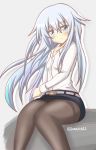  1girl alternate_costume blush dress_shirt grey_eyes hibiki_(kantai_collection) highres kantai_collection long_hair looking_at_viewer no_hat no_headwear older pantyhose pencil_skirt shirt silver_hair skirt smile solo tamayan thighband_pantyhose 