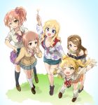 5girls arm_up bangs blonde_hair blue_eyes blunt_bangs bow brown_hair brown_shoes candy clothes_around_waist collarbone commentary_request eyebrows eyebrows_visible_through_hair food gradient gradient_background hair_bow idolmaster idolmaster_cinderella_girls jacket_around_waist jougasaki_mika jougasaki_rika kishibe_ayaka kitami_yuzu lollipop long_hair long_sleeves looking_at_viewer miniskirt multiple_girls off_shoulder one_eye_closed ootsuki_yui open_mouth pleated_skirt ponytail red_blues school_uniform scrunchie shoes short_hair siblings sisters skirt twintails two_side_up v white_legwear wrist_cuffs yellow_eyes 
