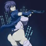  1girl ass breasts cyberpunk ghost_in_the_shell gun handgun huge_ass jacket kusanagi_motoko large_breasts leotard light_smile otogi_tetsurou pistol purple_hair red_eyes science_fiction short_hair solo thigh-highs thong_leotard weapon 