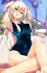  1girl arm_up armpits bare_shoulders barefoot blonde_hair breasts green_eyes hand_on_own_knee large_breasts looking_at_viewer one-piece_swimsuit open_mouth original ryouma_(galley) smile solo swimsuit two_side_up 
