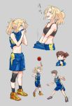  3girls alisa_(girls_und_panzer) basketball blonde_hair blush breasts brown_eyes brown_hair cleavage freckles girls_und_panzer grey_background jumping kay_(girls_und_panzer) knee_brace midriff multiple_girls naomi_(girls_und_panzer) navel ponytail shoes short_hair sketch sneakers soramame_(corndog) sports_bra sweat 