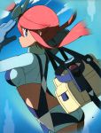  1girl absurdres ass back bag blue_eyes fuuro_(pokemon) gloves gym_leader hair_bun highres holster official_art oomura_yuusuke pilot poke_ball pokemon pokemon_(game) pokemon_bw redhead short_shorts shorts sky solo suspenders thigh_holster 