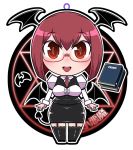  1girl :d bat bespectacled book chibi demon_tail framed_breasts full_body garter_straps glasses head_wings hexagram koakuma long_sleeves looking_at_viewer maru_rx necktie open_mouth pencil_skirt puffy_sleeves red_eyes red_necktie redhead short_hair skirt skirt_set smile solo standing tail thigh-highs touhou vest 