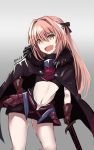  1boy alternate_costume artist_name braid cape dark_persona fang fate/apocrypha fate_(series) gloves glowing glowing_eyes hair_ribbon highres i.f.s.f long_hair midriff navel open_mouth pink_hair ribbon rider_of_black single_braid smile solo sword trap weapon yellow_eyes 