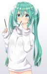  1girl blush green_eyes green_hair hatsune_miku long_hair mouth_hold natsuo pocky_day solo sweater turtleneck twintails very_long_hair vocaloid 