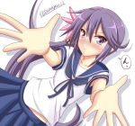  1girl akebono_(kantai_collection) bell blush foreshortening hair_ornament jingle_bell kantai_collection long_hair looking_at_viewer outstretched_arms purple_hair reaching_out side_ponytail skirt solo tamayan violet_eyes 