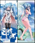  1girl angel_wings ass back bare_shoulders barefoot bikini black_legwear blue_eyes blue_hair blush boots breasts chains cleavage clouds collar dakimakura female highres innertube kneepits long_hair mountain multiple_views nymph_(sora_no_otoshimono) official_art open_mouth shirt_tug sky small_breasts smile sora_no_otoshimono swimsuit thigh-highs towel twintails very_long_hair wet wings 