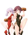  2girls absurdres bare_hips bare_legs bare_shoulders breasts brown_hair center_opening china_dress chinese_clothes cleavage_cutout dress green_dress hair_ribbon highres holding looking_at_viewer medium_breasts mouth_hold multiple_girls new_game! no_bra no_socks one_leg_raised orange_panties panties pelvic_curtain purple_hair rabbit red_dress red_ribbon ribbon shinoda_hajime short_hair side-tie_panties simple_background sleeveless sleeveless_dress smile stance suzukaze_aoba thigh-highs tokunou_shoutarou twintails underwear violet_eyes white_background white_legwear 