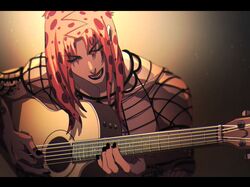  1boy black_lipstick black_nails diavolo eyebrows eyebrows_visible_through_hair eyes_visible_through_hair fishnets guitar instrument jojo_no_kimyou_na_bouken letterboxed light lipstick long_hair makeup male_focus music nail_polish open_mouth pink_hair playing_instrument solo upper_body yanoooh 