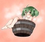  1girl ahoge barefoot blush bottle bucket child drinking feet female green_eyes green_hair hair_bobbles hair_ornament in_bucket in_container kisume looking_at_viewer milk_bottle nanana_(chicken_union) nude short_hair solo toes touhou twintails 