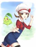  00s 1girl brown_eyes brown_hair cabbie_hat chikorita hat hat_ribbon kotone_(pokemon) open_mouth pokemon pokemon_(game) pokemon_hgss red_ribbon ribbon solo thigh-highs twintails watashishi 